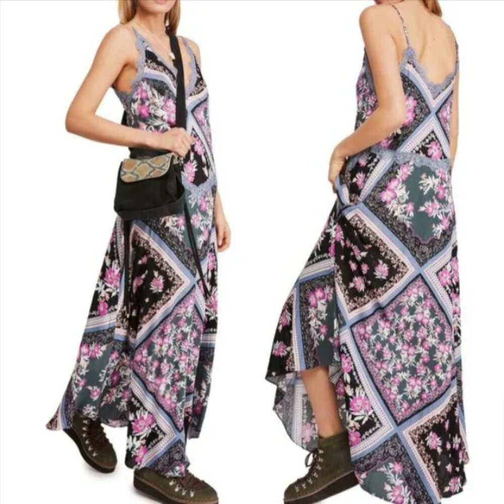Free People NWT Black Floral Graphite Combo Maxi Slip Dress with Lace Detail